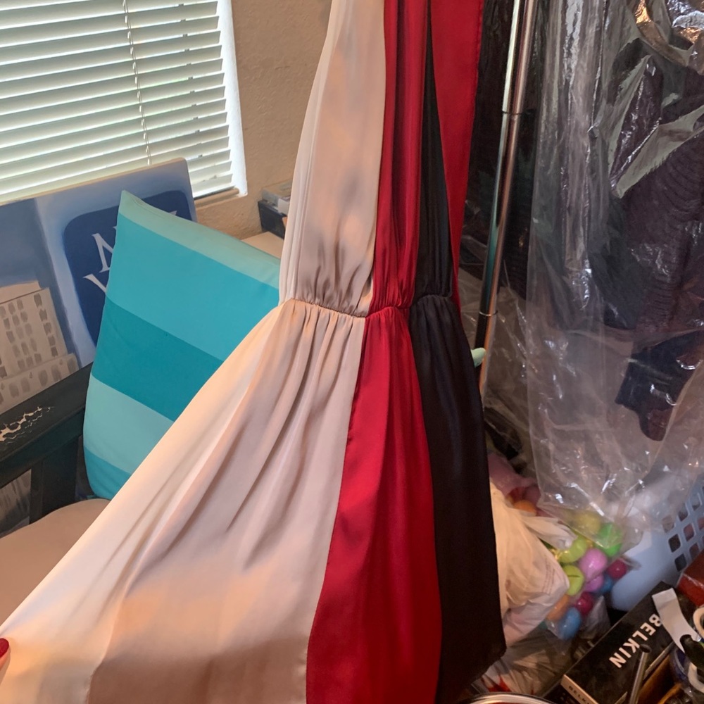 Halter red, cream, and black dress